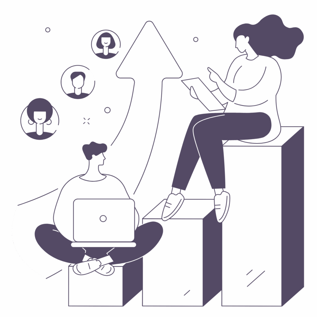illustration of two people seated on bar chart with an arrow going upward behind them