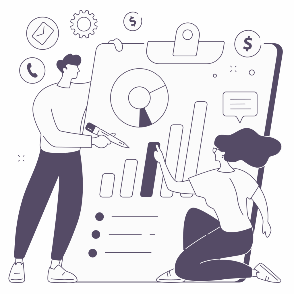 illustration of employees working on a giant clipboard full of charts